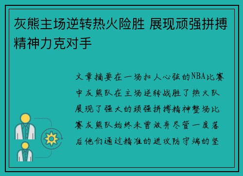 灰熊主场逆转热火险胜 展现顽强拼搏精神力克对手