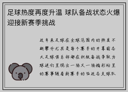 足球热度再度升温 球队备战状态火爆迎接新赛季挑战
