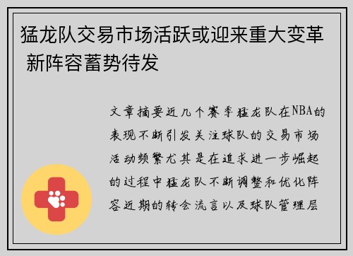 猛龙队交易市场活跃或迎来重大变革 新阵容蓄势待发