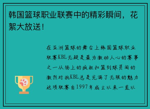 韩国篮球职业联赛中的精彩瞬间，花絮大放送！