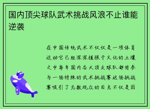 国内顶尖球队武术挑战风浪不止谁能逆袭