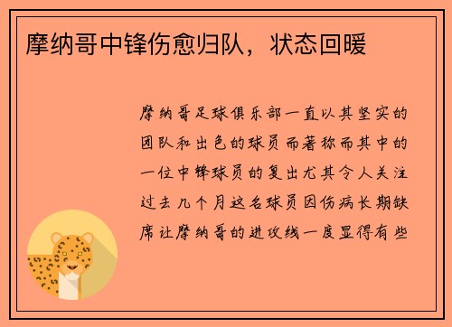 摩纳哥中锋伤愈归队，状态回暖