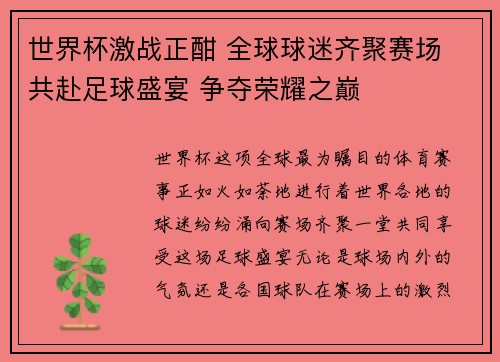 世界杯激战正酣 全球球迷齐聚赛场 共赴足球盛宴 争夺荣耀之巅