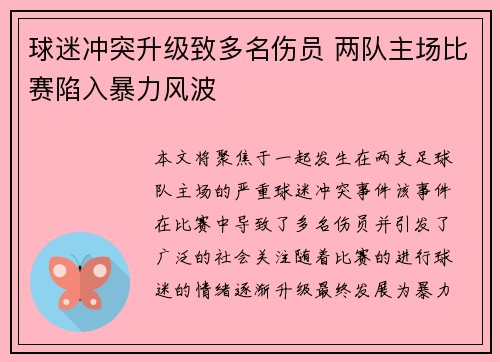 球迷冲突升级致多名伤员 两队主场比赛陷入暴力风波
