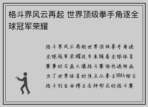 格斗界风云再起 世界顶级拳手角逐全球冠军荣耀